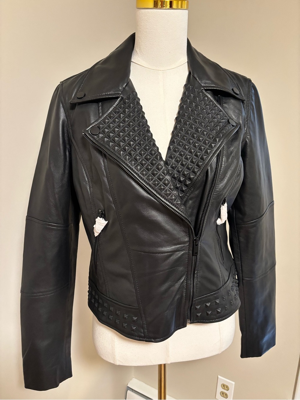 Slate & Willow Black Genuine Leather Studded Moto Jacket Small $695